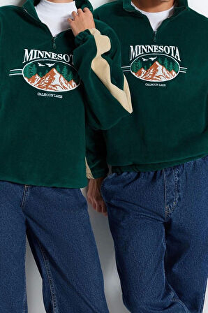 Unisex Moda Şık Oversize Dik Yaka Standart Kol Standart Geniş Kesim Fermuarlı Polar Sweatshirt