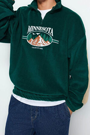 Unisex Moda Şık Oversize Dik Yaka Standart Kol Standart Geniş Kesim Fermuarlı Polar Sweatshirt