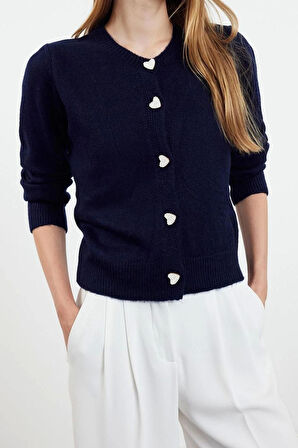 Kadın Moda Regular Bisiklet Yaka Regular Yumuşak Dokulu Mücevher Düğmeli Ceket Görünümlü Triko Hırka