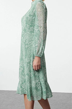 Kadın Moda Şık Midi Boy Dik Yaka Regular Pembe001 Düz Dokuma Kışlık Elbise