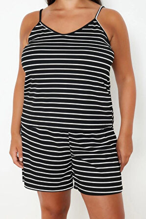 Kadın Moda Şık Büyük Beden U Yaka Boru Paça Askılı Kol Çizgili İnce Asklı Örme Pijama Takımı