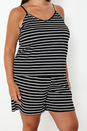 Kadın Moda Şık Büyük Beden U Yaka Boru Paça Askılı Kol Çizgili İnce Asklı Örme Pijama Takımı