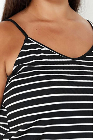 Kadın Moda Şık Büyük Beden U Yaka Boru Paça Askılı Kol Çizgili İnce Asklı Örme Pijama Takımı