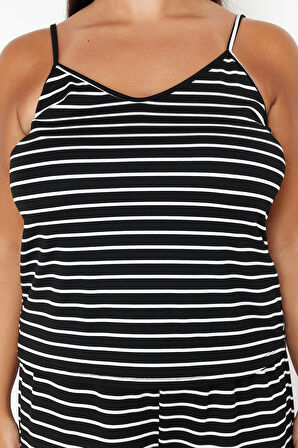 Kadın Moda Şık Büyük Beden U Yaka Boru Paça Askılı Kol Çizgili İnce Asklı Örme Pijama Takımı