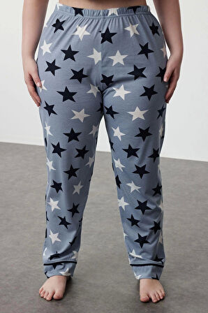 Büyük Beden Kadın Pamuk Polyester Ceket Yaka Kısa Kol Yıldız Desenli Gömlek Yaka Örme Pijama Takımı