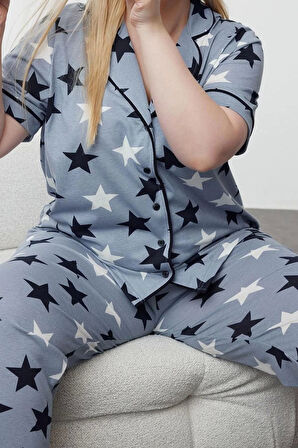 Büyük Beden Kadın Pamuk Polyester Ceket Yaka Kısa Kol Yıldız Desenli Gömlek Yaka Örme Pijama Takımı