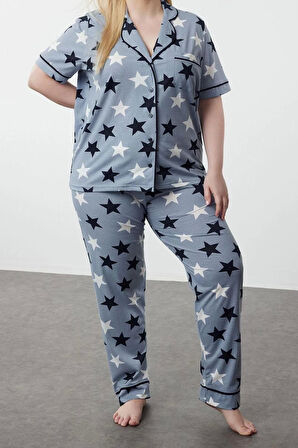 Büyük Beden Kadın Pamuk Polyester Ceket Yaka Kısa Kol Yıldız Desenli Gömlek Yaka Örme Pijama Takımı