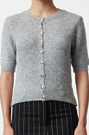 Kadın Moda Şık Crop Bisiklet Yaka Regular Crop Pamuklu Yünlü Triko Hırka