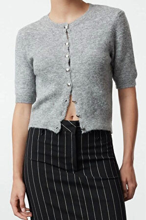 Kadın Moda Şık Crop Bisiklet Yaka Regular Crop Pamuklu Yünlü Triko Hırka