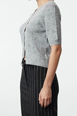 Kadın Moda Şık Crop Bisiklet Yaka Regular Crop Pamuklu Yünlü Triko Hırka