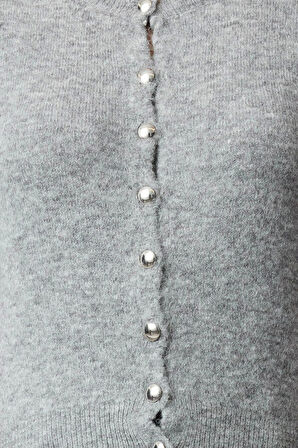 Kadın Moda Şık Crop Bisiklet Yaka Regular Crop Pamuklu Yünlü Triko Hırka