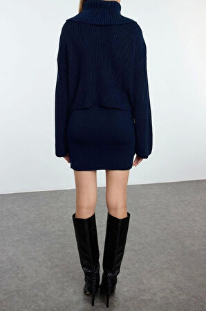 Kadın Moda Şık Regular Boy Uzun Kollu Devrik Yaka Triko Alt-Üst Takım