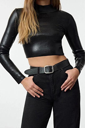 Kadın Moda Şık Dik Yaka Standart Kol Crop Basic Varak Baskılı Triko Kazak