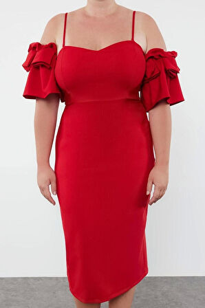 Kadın Büyük Beden Midi Boy Fitted Vücuda Oturan Dokuma Astarlı Abiye Gece Mezuniyet Nişan Elbisesi