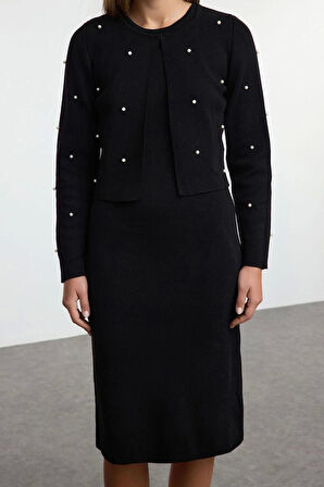 Kadın Moda Şık Midi Boy Bisiklet Yaka Slim Triko Taş İşlemeli Hırka-Elbise Takım