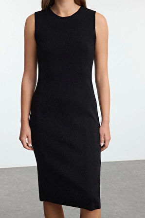 Kadın Moda Şık Midi Boy Bisiklet Yaka Slim Triko Taş İşlemeli Hırka-Elbise Takım