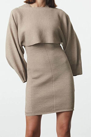 Kadın Moda Şık Mini Boy Bisiklet Yaka Slim Triko Bolero-Elbise Takım