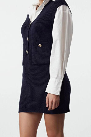 Kadın Moda Şık Mini Boy V Yaka Slim Triko Yumuşak Dokulu Elbise