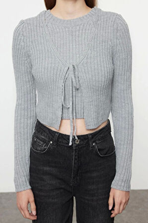 Kadın Moda Şık Crop V Yaka Slim Crop Bluz-Hırka Takım Triko Hırka