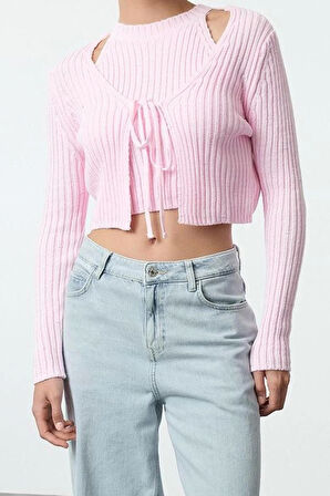 Kadın Moda Şık Crop V Yaka Slim Crop Bluz-Hırka Takım Triko Hırka