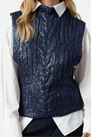 Kadın Moda Şık Dik Yaka Standart Kol Regular Varak Baskılı Triko Süveter
