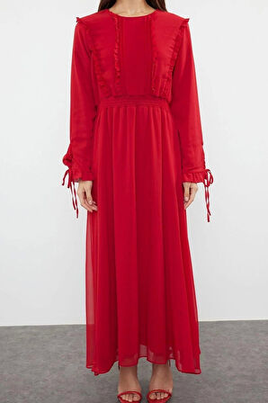 Yeni Rahat Gündüz Gece Şifon Dokuma Bisiklet Yaka Uzun Kol A-Line Maxi Boy Tesettür Elbise