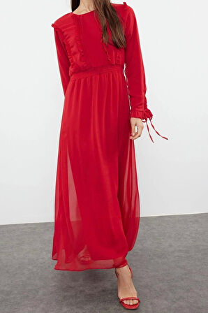 Yeni Rahat Gündüz Gece Şifon Dokuma Bisiklet Yaka Uzun Kol A-Line Maxi Boy Tesettür Elbise