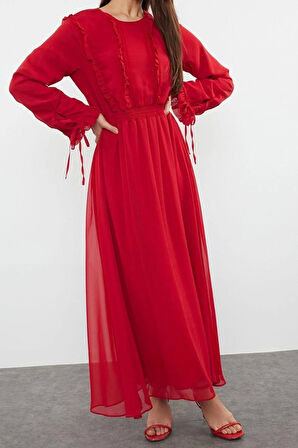 Yeni Rahat Gündüz Gece Şifon Dokuma Bisiklet Yaka Uzun Kol A-Line Maxi Boy Tesettür Elbise