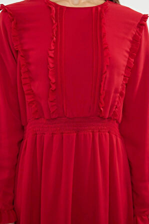 Yeni Rahat Gündüz Gece Şifon Dokuma Bisiklet Yaka Uzun Kol A-Line Maxi Boy Tesettür Elbise