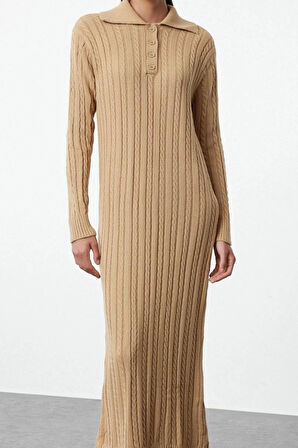 Kadın Moda Şık Tesettür Maxi Boy Polo Yaka Regular Saç Örgülü Triko Elbise