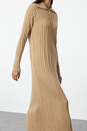 Kadın Moda Şık Tesettür Maxi Boy Polo Yaka Regular Saç Örgülü Triko Elbise