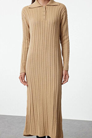 Kadın Moda Şık Tesettür Maxi Boy Polo Yaka Regular Saç Örgülü Triko Elbise