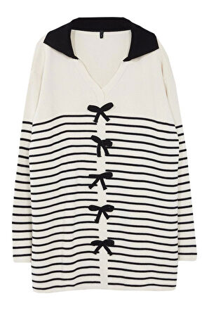 Kadın Tesettür Moda Şık Regular Polo Yaka Uzun Kol Çizgili Fiyonk Detaylı Triko Kazak