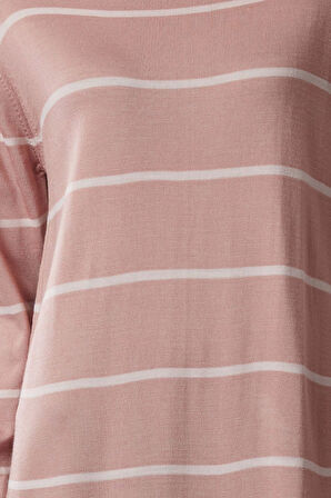 Kadın Moda Şık Tesettür Maxi Boy Dik Yaka Relaxed Çizgili Triko Elbise