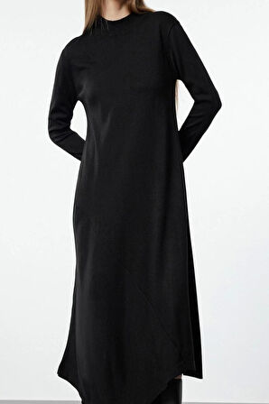 Kadın Moda Şık Tesettür Maxi Boy Dik Yaka Fitted Asimetrik Kesim Triko Elbise