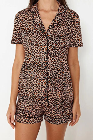 Kadın %100 Pamuk Gömlek Yaka Kısa Kol %100 Pamuk Leopar Desenli Örme Pijama Takımı