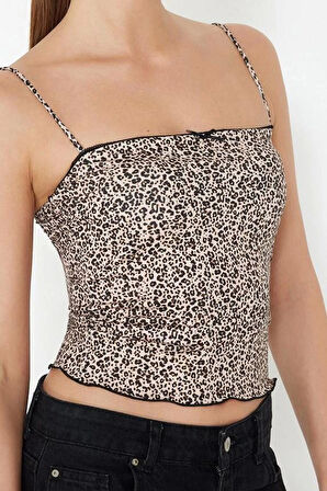 Kadın Moda Şık Üst Giyim Crop Kare Yaka Slim Kalıp Örme Leopar Baskılı Süper Esnek Bluz