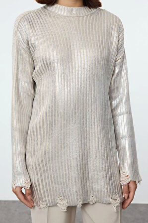 Kadın Tesettür Moda Şık Regular Bisiklet Yaka Uzun Kol Düz Varak Baskılı Triko Kazak