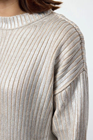 Kadın Tesettür Moda Şık Regular Bisiklet Yaka Uzun Kol Düz Varak Baskılı Triko Kazak