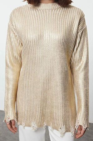 Kadın Tesettür Moda Şık Regular Bisiklet Yaka Uzun Kol Düz Varak Baskılı Triko Kazak