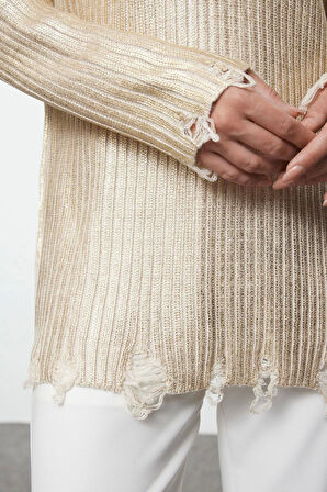 Kadın Tesettür Moda Şık Regular Bisiklet Yaka Uzun Kol Düz Varak Baskılı Triko Kazak