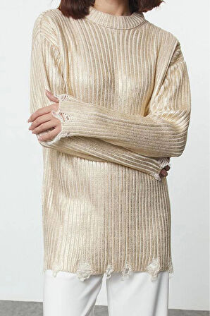 Kadın Tesettür Moda Şık Regular Bisiklet Yaka Uzun Kol Düz Varak Baskılı Triko Kazak