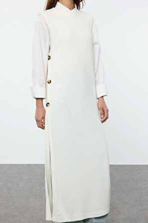 Kadın Tesettür Moda Şık Uzun Bisiklet Yaka Uzun Kol Düz Yandan Düğmeli Selanik Triko Süveter