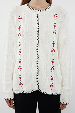 Kadın Moda Şık Regular Bisiklet Yaka Regular Nakış Detaylı Triko Hırka