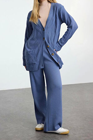 Kadın Moda Şık Geniş Paça Regular Boy Uzun Kollu Saç Örgülü Triko Alt-Üst Takım