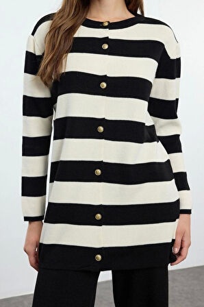 Kadın Moda Şık Regular Boy Uzun Kollu Çizgili Triko Hırka Pantolon Alt-Üst Takım