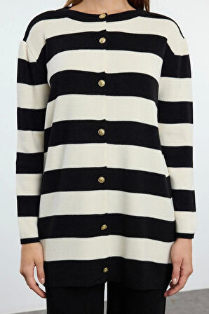 Kadın Moda Şık Regular Boy Uzun Kollu Çizgili Triko Hırka Pantolon Alt-Üst Takım