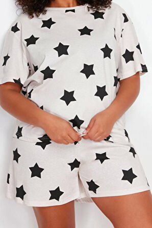 Büyük Beden Kadın Pamuklu Bisiklet Yaka Kısa Kol Yıldız Baskılı Örme Pijama Takımı