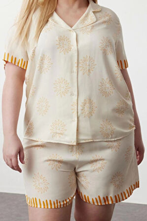 Kadın Moda Şık Büyük Beden Gömlek Yaka Boru Paça Uzun Kol Güneş Desenli Dokuma Pijama Takımı