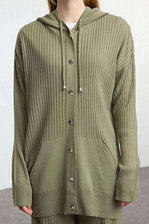 Kadın Moda Şık Geniş Paça Regular Boy Uzun Kollu Kapüşonlu Triko Alt-Üst Takım